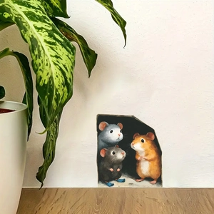 3D cartoon mouse hole wall sticker featuring three cute mice for home DIY decoration