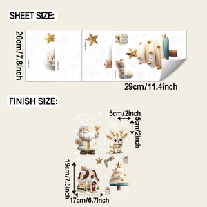Detailed size specifications for Christmas window stickers with Santa and reindeer motifs