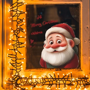 Cartoon Santa Claus Christmas window sticker with Hi Merry Christmas text on glass