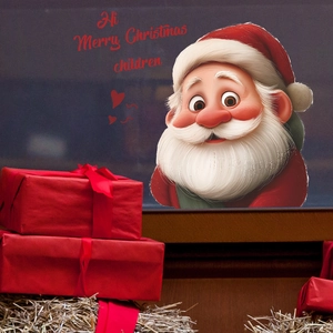 Cute cartoon Santa Claus window sticker with Merry Christmas text and festive gift boxes