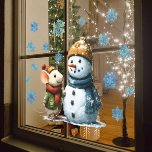 Christmas window stickers set with cute cartoon mice, snowman and blue snowflakes