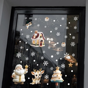Christmas window decals with Santa, reindeer, and snowy house for festive glass decoration