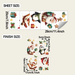 Détail des stickers de Noël Père Noël et pingouin avec dimensions de la planche et du rendu