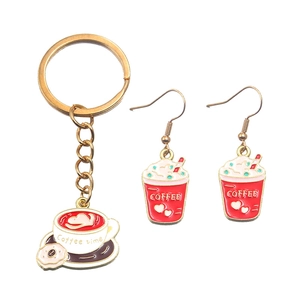 DIY coffee theme enamel keychain and earrings set with gold finish and cup charms