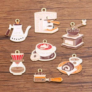 DIY coffee series alloy enamel charms including machine and grinder on wood background