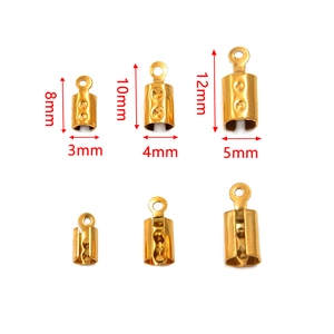 Detailed size specifications for gold stainless steel cord end caps in 8mm, 10mm and 12mm