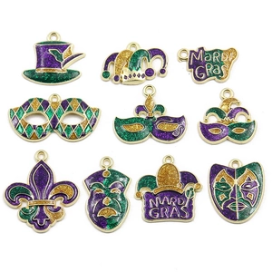 Mardi Gras themed KC gold enamel charms set with fleur-de-lis and masquerade mask shapes