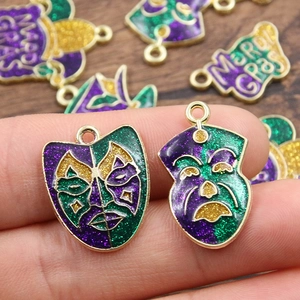 Mardi Gras carnival enamel pendants with glitter masks in purple, green and gold colors
