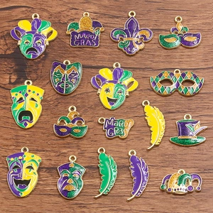 Mardi Gras Alloy Enamel Pendants Glitter Mask Fleur-De-Lis Feather Charms For DIY Jewelry Making Necklaces Party Decor