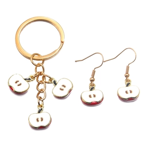 DIY Apple slice fruit charms set with gold keychain and earrings in red enamel