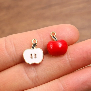 DIY gold-plated alloy apple charms with red and white oil drip design for jewelry