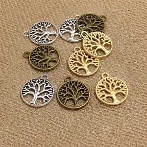Three-color tree of life round pendant charms in gold, silver, and bronze for DIY jewelry