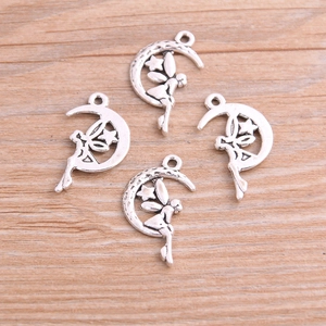 Silver alloy DIY charms featuring angel on moon and stars for jewelry making, set of 4