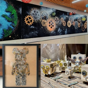 Macro detail of steampunk gear art featuring robot figures and industrial bear wall decor