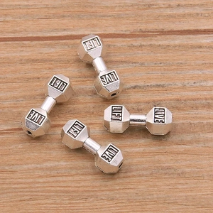 Silver dumbbell-shaped alloy beads with LIVE and LIFT engravings for DIY jewelry making