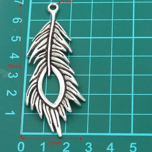 Antique silver alloy hollow peacock feather pendant 27x70mm for DIY jewelry making