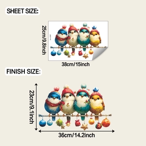 Dimensions détaillées de la planche et taille finale pour stickers de Noël oiseaux