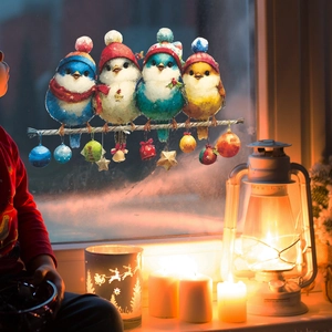 Stickers de Noël pour fenêtres avec oiseaux colorés en bonnet et ornements festifs