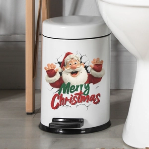 Poubelle à pédale de Noël 3D avec Père Noël et vœux à côté des toilettes dans la salle de bain