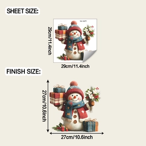 Detailed dimension guide for Christmas snowman toilet sticker with sheet and finish sizes