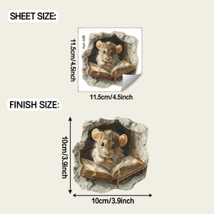 Detailed size chart for 3D mouse reading wall sticker showing sheet and finish dimensions