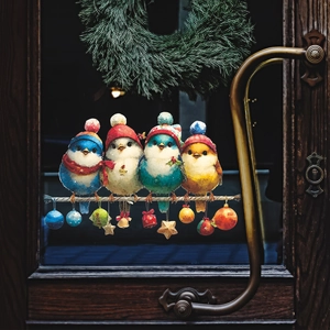 Oiseaux de Noël en dessin animé et stickers boules de fête sur une porte vitrée