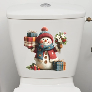 Cartoon Christmas snowman sticker holding gifts and flowers for bathroom toilet decoration