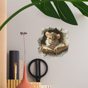 3D cute mouse reading a book in a wall hole decal, realistic cartoon home decor sticker