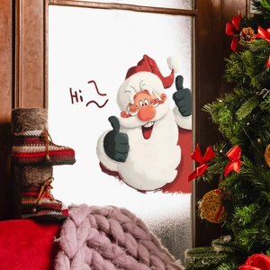 Adesivo natalizio statico per vetri con Babbo Natale che saluta e cappello rosso