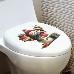 Christmas snowman toilet seat sticker with festive flower bouquet and gift box decoration