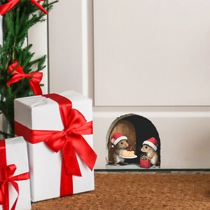 Detail of 3D Christmas mouse hole wall sticker with mice holding gifts and strawberry cake
