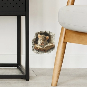 3D cartoon mouse reading in a wall hole decal for creative home living room decor