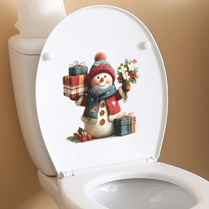 Christmas snowman toilet lid sticker featuring gifts and candles for holiday bathroom decor