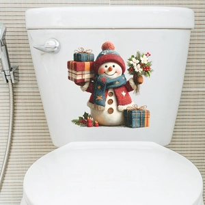 Cute Christmas snowman with gifts and flowers self-adhesive sticker for bathroom decor