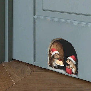 3D Christmas mouse hole wall sticker with mice carrying gifts and cake by the door