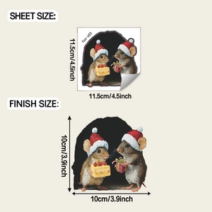 Detail showing dimensions of Christmas mouse hole wall sticker with cute cartoon mice
