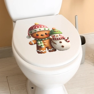 Christmas toilet lid stickers featuring cartoon gingerbread man and snowman decorations