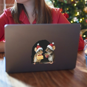 3D Christmas mouse hole stickers featuring cute mice on a laptop for home wall decor