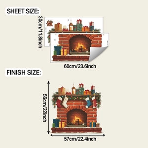 Detailed sheet size and finish dimensions for Christmas fireplace wall sticker set