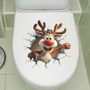 3D reindeer wall decal appearing to break through a white toilet lid for bathroom decor