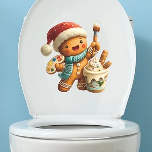 Christmas Gingerbread Man bathroom toilet seat sticker with Santa hat and paintbrush