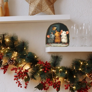 3D cartoon mice wall decal with Christmas decor, cute mice in hole for DIY home decoration