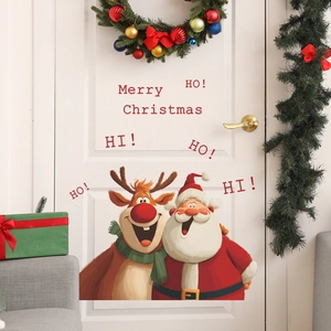 Stickers muraux de Noël avec Père Noël et renne sur une porte blanche au décor festif