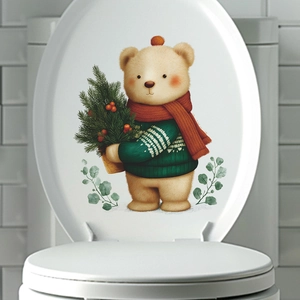 Cute Christmas bear with pine branch self-adhesive decorative bathroom wall sticker