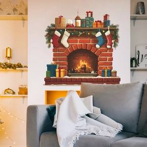 Christmas fireplace wall sticker with colorful gift boxes for festive living room decor