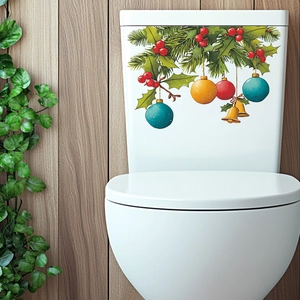 Sticker de Toilette de Noël Aiguilles de Pin Baies Boules PVC Imperméable Auto-Adhésif Décoration de Couvercle de Bain