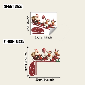 Guide showing sheet and finish sizes for Santa and reindeer Christmas wall stickers