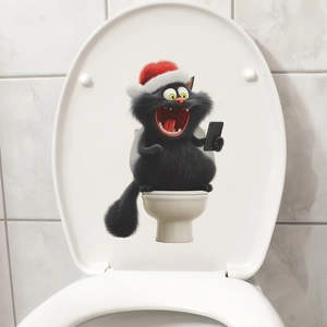 Sticker Toilettes Chat de Noël Humoristique Chat Noir 3D Assis sur Les Toilettes Jouant avec Un Téléphone Décalcomanie en PVC