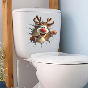 3D cartoon reindeer wall sticker with realistic wall crack effect for bathroom decor