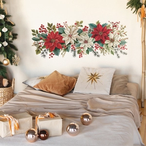 Christmas wall decal with poinsettia flowers and berries for festive home decoration